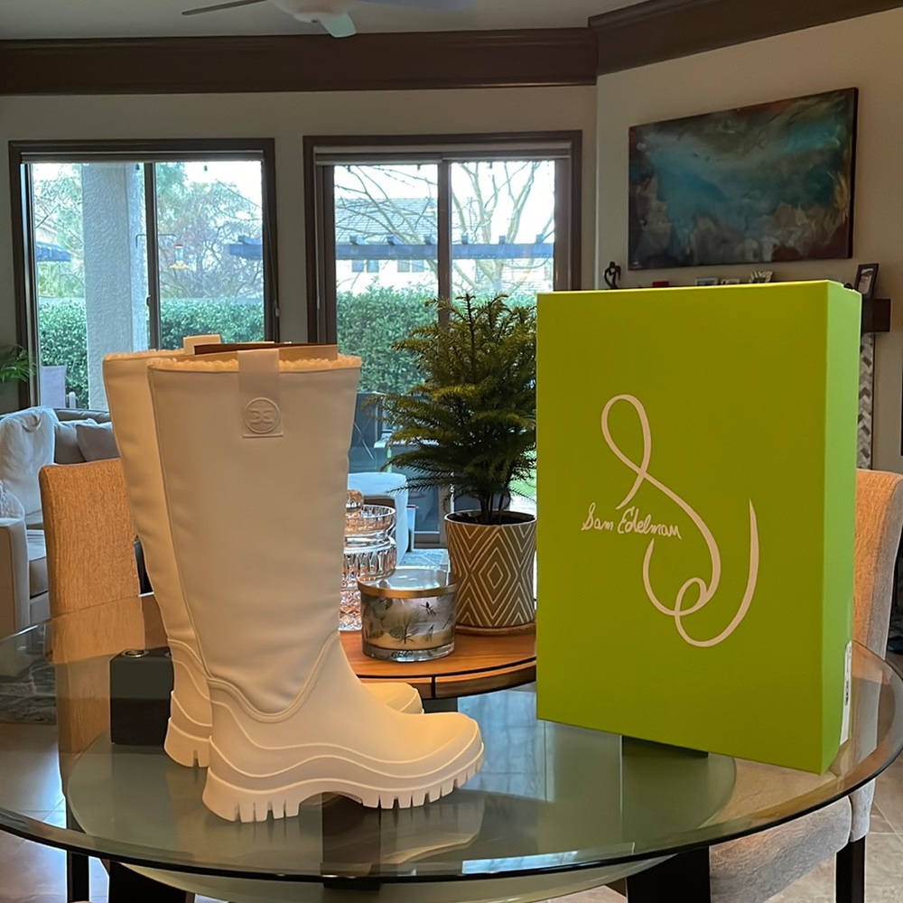 Sam Edelman Cream-White Tall Lug Sole Rain Boots